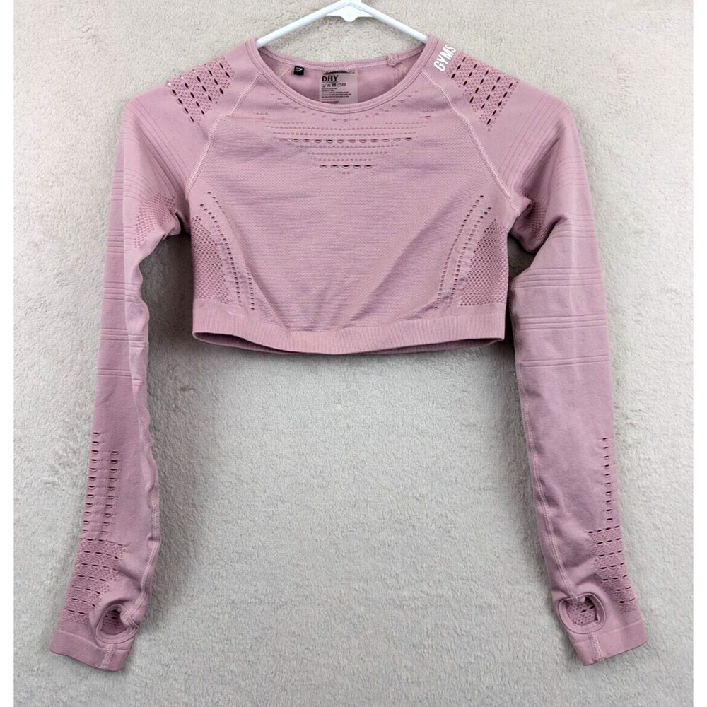 Gymshark sz S Crop Compression Athletic Workout Top pink long sleeves 0546